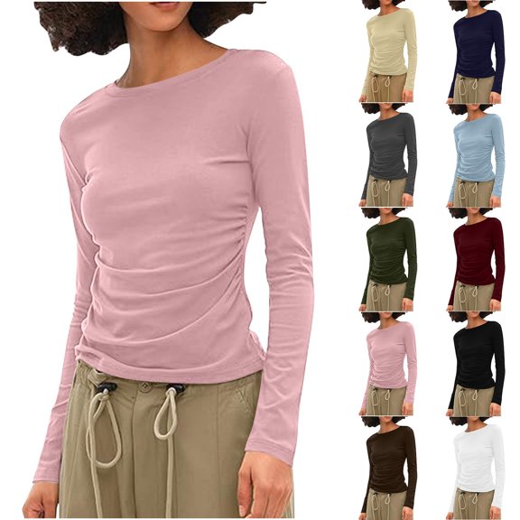 Women's Ruched Side Slim Fit Long Sleeve Crew Neck Solid Color Shirt T-Shirt Tee Casual Fall Basic Tops | CSEONE,Blue XL