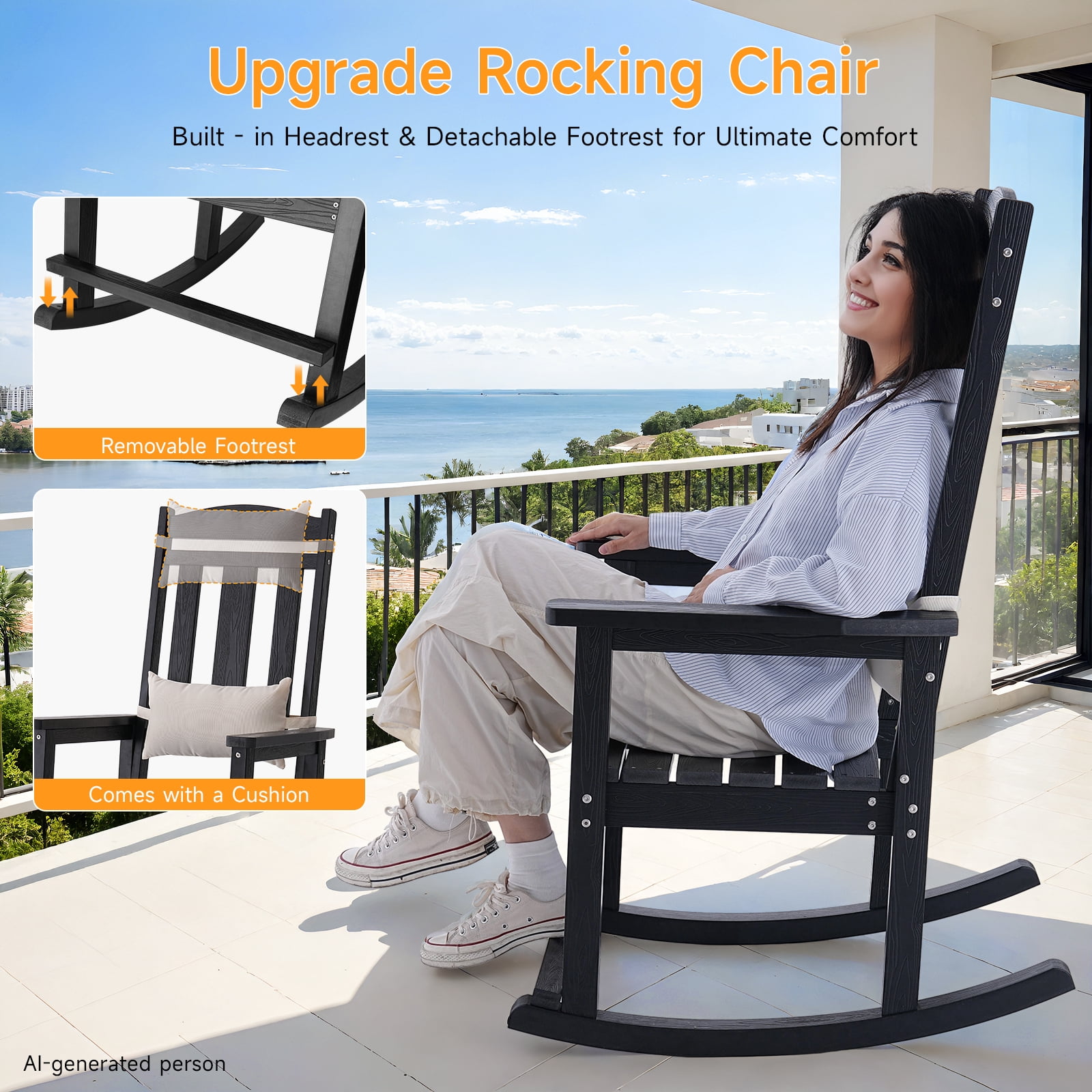 Dovov Outdoor Rocking Chair, All Weather Porch Rocker HDPS Patio Rocking Adirondack Chair for Patio Garden Lawn Balcony Porch Backyard Deck