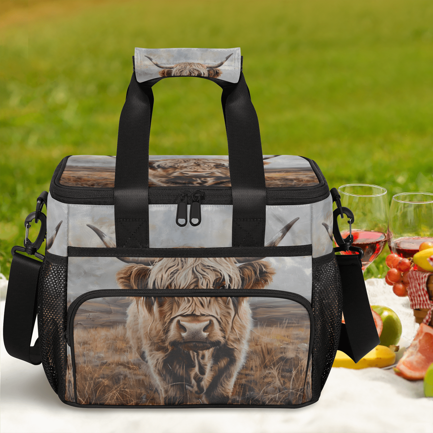 Herdesigns Highland Cow Funny Large Lunch Box for Adults Women Men with Adjustable Shoulder Strap, Insulated Reusable Lunch Bag Leakproof Cooler Tote Bag