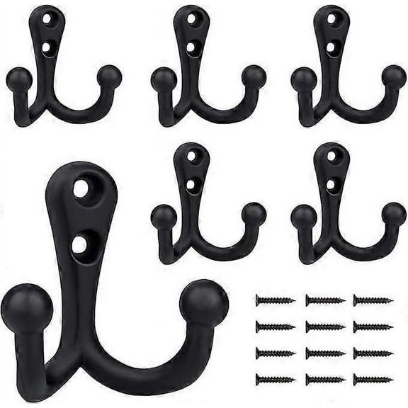 Curved Robe Hooks, 6 Pieces Coat Racks, Vintage Black Double Wall Hooks with 12 Screws for Coat Racks, Bathroom, Kitchen, Office