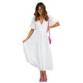 thumbnail image 2 of Women'S Deep V Neck Puff Short Sleeve Tiered Dress Elastic High Waist Flowy A Line Midi Dresses White L, 2 of 9