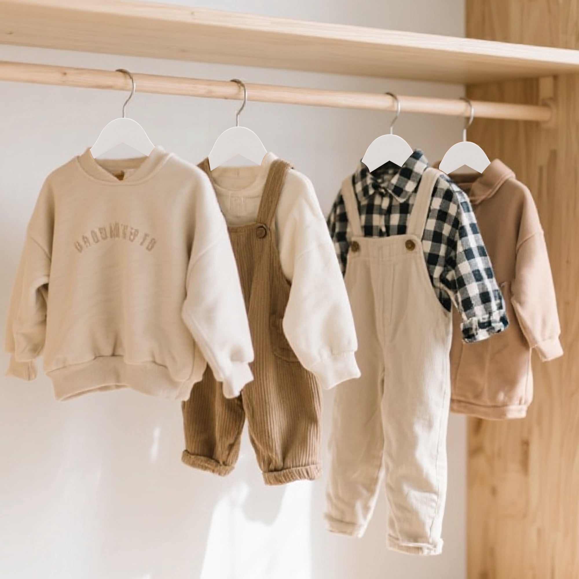 BP4U 24-Pack Kids Wooden Hangers with Pants Bar, Ultra-Slim Baby Solid Wood Clothes Hangers with 360° Swivel Hook for Toddler & Youth Coats/Dresses