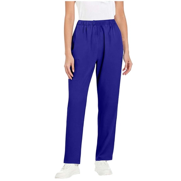SuTry Womens Full Length Straight Leg Scrub Pants Full Elastic High Waist Side Cargo Patch Pockets Daily Work Casual Wear Trousers