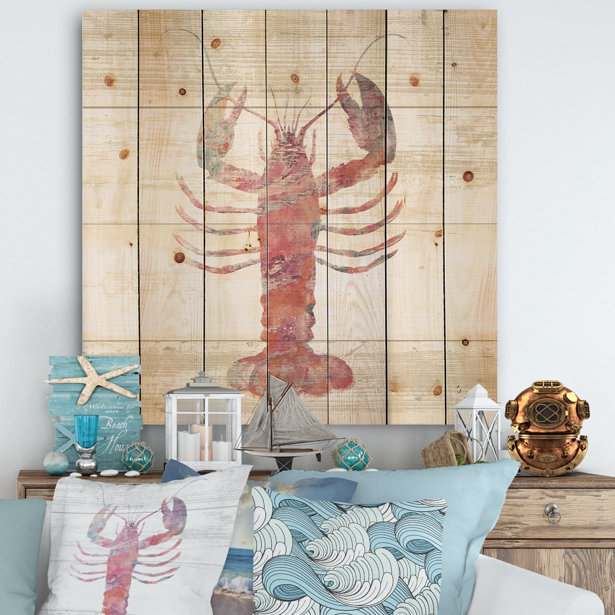 Designart 'Pink lobster Ocean Life' Nautical & Coastal Print on Natural Pine Wood