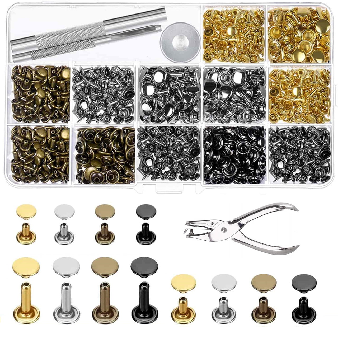 Leather Rivets Double Cap Rivet Tubular Metal Studs 2 Sizes with 3 Pieces Fixing Tools Chenkaiyang 240 Sets Snap Fasteners Kit 4 Color Clothing Snaps Kit