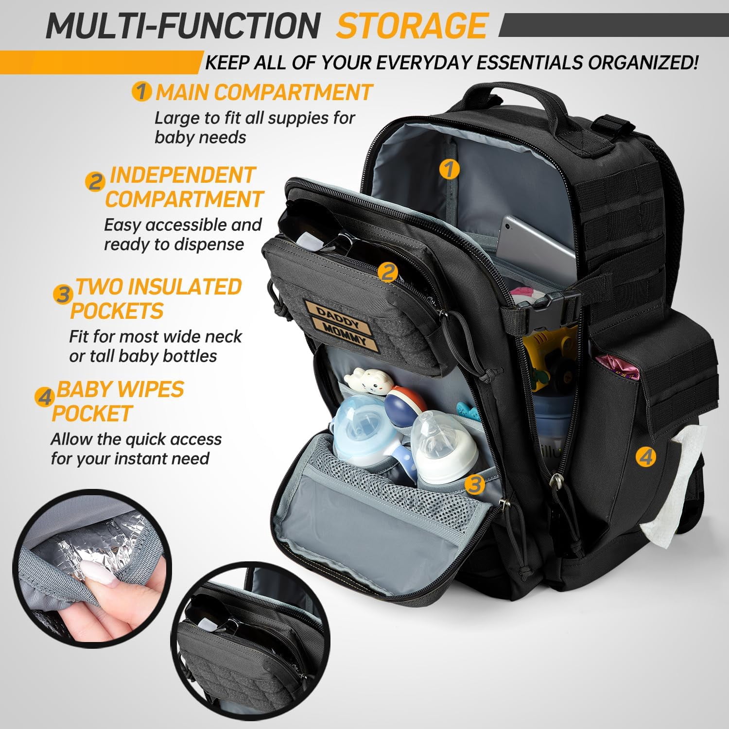 SHARKMOUTH Military Diaper Bag for Men: 40L Capacity with Changing Mat for Tactical Dads - 900D Military-Grade Polyester with MOLLE System for Work Commute/Hiking Camping Outdoor Activities (Black)