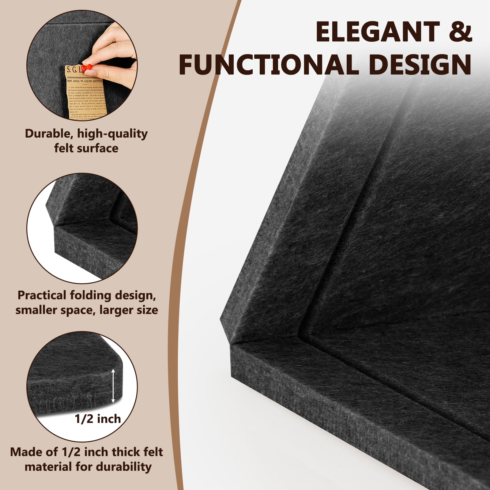 60"x36" Black Large Bulletin Board Decorative Foldable Felt Pin Board Square Felt Wall Tiles Photo Display Board for Wall Cork Boards DIY Vision Board with Self-Adhesive Tape Home School Office Decor