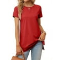 thumbnail image 4 of Women's Round Neck Solid Color T-Shirt Side Slit Casual Short-Sleeved Summer Sports Tunic Top, 4 of 6