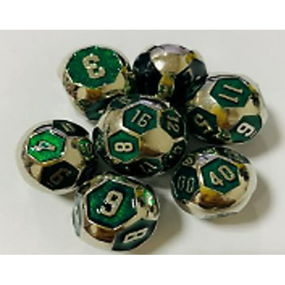Galactic Dice Premium Dice Sets - Ball Dice Steel & Green (Ver 29) Set of 7 Dice with Tin