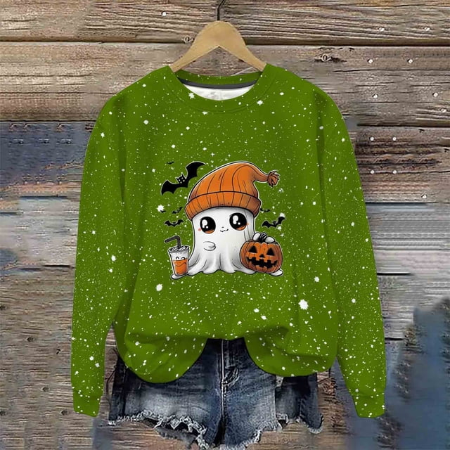 Ailaofu Women's Halloween Printed Round Neck Casual Sports Long Sleeve Sweatshirt Top Sweatshirt Loose Soft Long Sleeve Pullover Tops