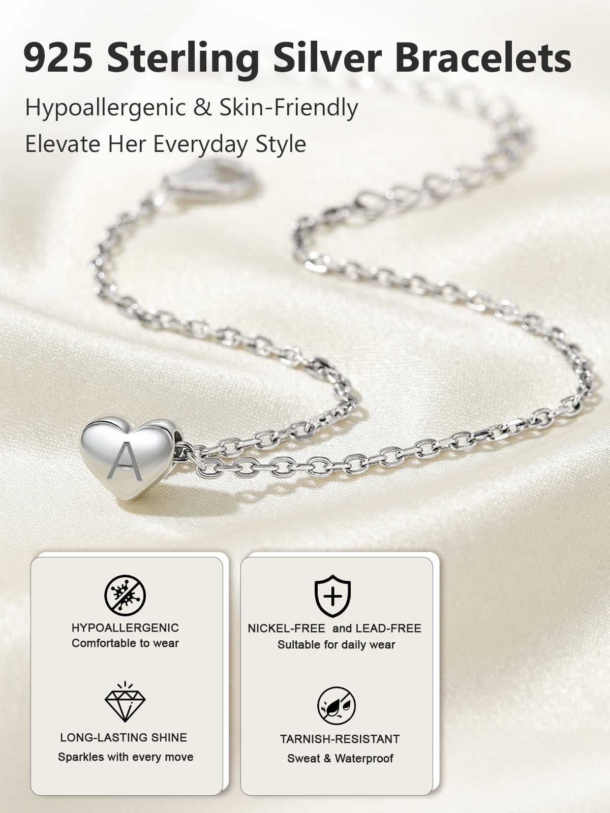 Silvora Initial Heart Bracelet for Women 925 Sterling Silver Chain Bracelets Charms Bracelets Birthday Anniversary Jewelry Gift for Daughter Girlfriend - Letter A