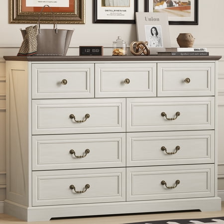 IDEALSOUL Dresser for Bedroom with 9 Drawers, Large Drawer Dressers, Wide Farmhouse Dressers Chest of Drawers, Wooden Storage Tower Organizer with Vintage Metal Handles, Dresser for Bedroom Closet