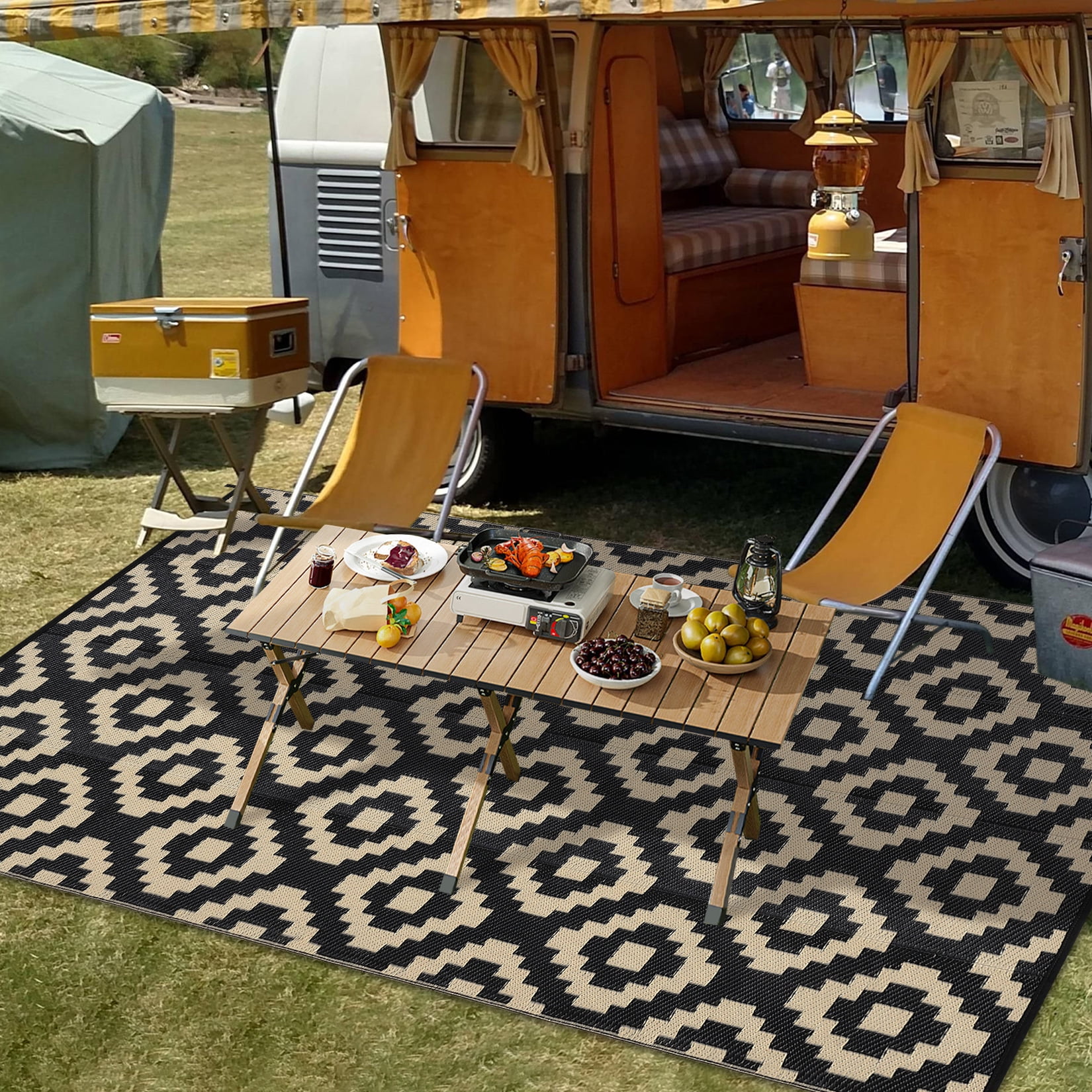 Twister.CK 8x10' Waterproof Outdoor Rug, Reversible Plastic Patio Rugs with Storage Bag, Portable Modern Indoor Outdoor Carpet for Camping, Balcony Deck Backyard, Black & Coffee