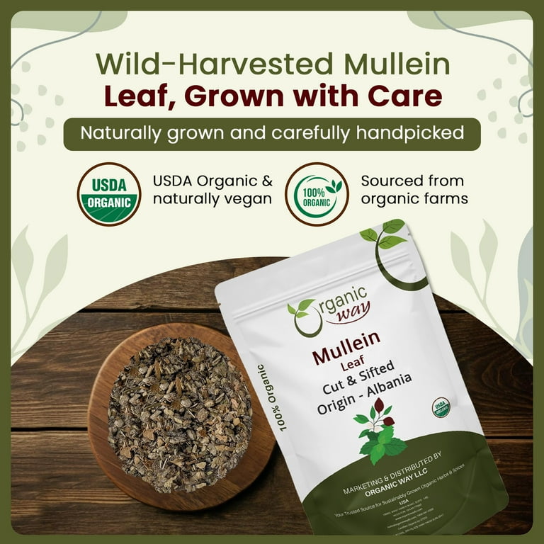 Organic Way Mullein Leaf (Verbascum Thapsus) Cut & Sifted - Herbal Tea | European Wild-Harvest | Organic & Kosher Certified | Non GMO & USDA Certified | Origin - Albania (2 oz)