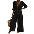 thumbnail image 2 of Wide Leg Pants Women's Fashion Solid V-Neck Short Sleeve Beach Vacation Pockets Button Long Jumpsuit Black S, 2 of 9