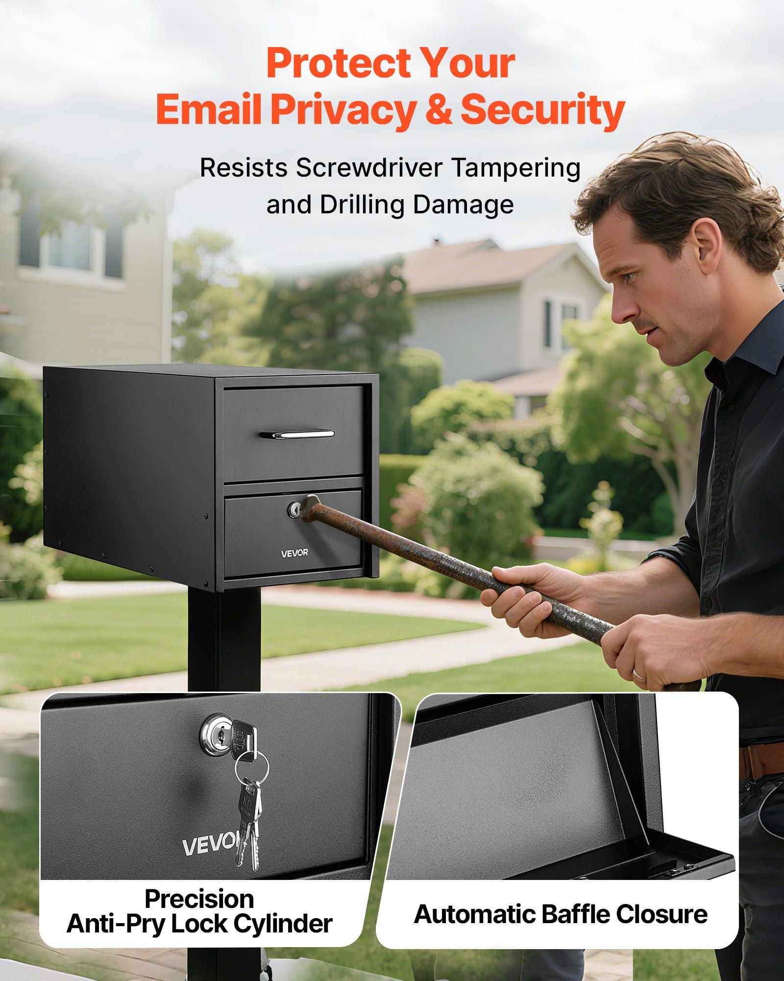 21.06" L x 10.63" W Security Mail Box for Outside Post Mount, Anti-Pry Design with Lockable Key Entry and Smooth Closing Magnetic Door, Large Capacity Metal Mailbox