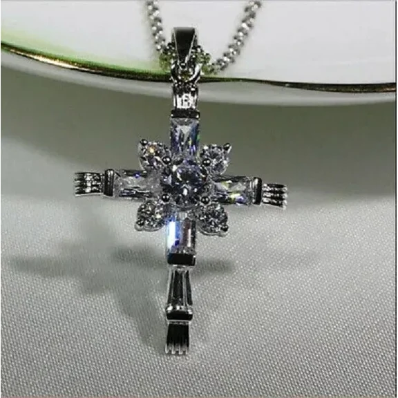 1.70Ct Round Cut VVS1/D Diamond Cross Pendant 14K White Gold Finish Free Chain