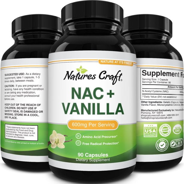 NAC Pills 600mg with Vanilla - High Absorption Non Smelly N-Acetyl Cysteine NAC Supplement 600 mg Capsules Nature's Craft - Glutathione Precursor for Lung Health Immune Boost and Liver Support