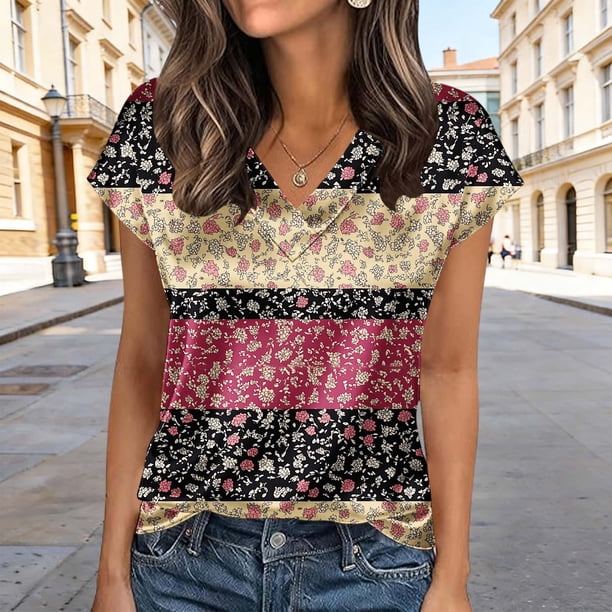 TaTaai Women's Vintage Satin Blouse Short Sleeve V-Neck Printed Pullover Loose Fit Elegant Casual Summer Top Shirt Retro Daily Chic Gift