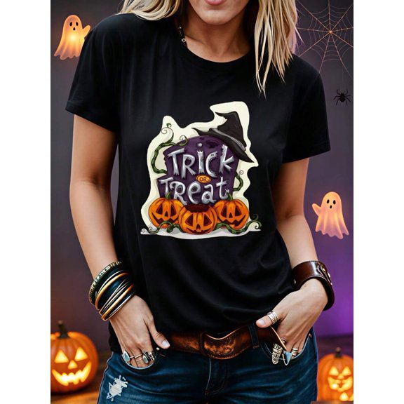 Women's T‑Shirt, Halloween Costume, Casual Funny Trick Or Treat Pumpkin Witch Hat Graphic Tee, Party Festival