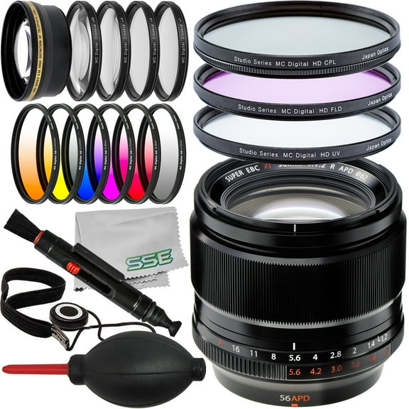 Fujifilm XF 56mm f/1.2 R APD Lens with Essential Filter Bundle: 6PC Gradual Color Filter Kit, 2.2x Telephoto Lens Attachment, 3PC UV Filter Kit (UV, CPL, FLD) & More