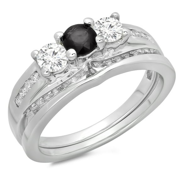 Dazzlingrock Collection 1.10 Carat (ctw) 14K Round Black & White Diamond Bridal 3 Stone Ring Set 1 CT, White Gold, Size 4.5