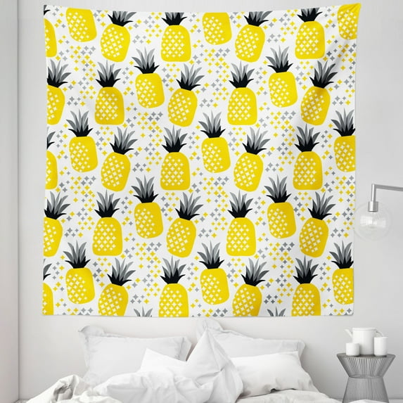 Exotic Tapestry, Pineapples Tropic Accents Coastal Theme Beach Island Fruit Kitchen Graphic, Fabric Wall Hanging Decor for Bedroom Living Room Dorm, 5 Sizes, Yellow Grey Black, by Ambesonne