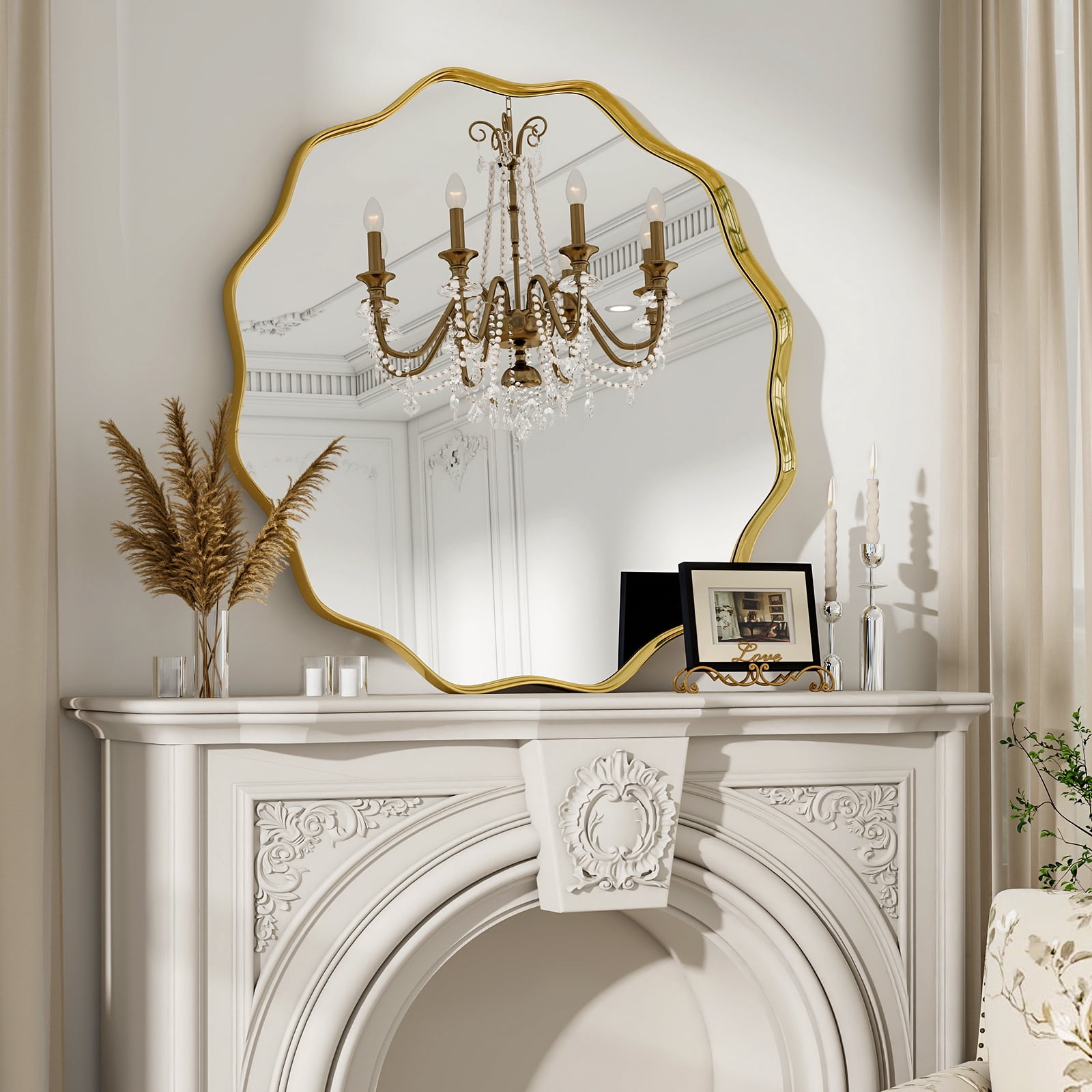 SHATTERVIEW 36" Wavy Round Bathroom Mirror Wall Mounted Vanity Mirror, Gold