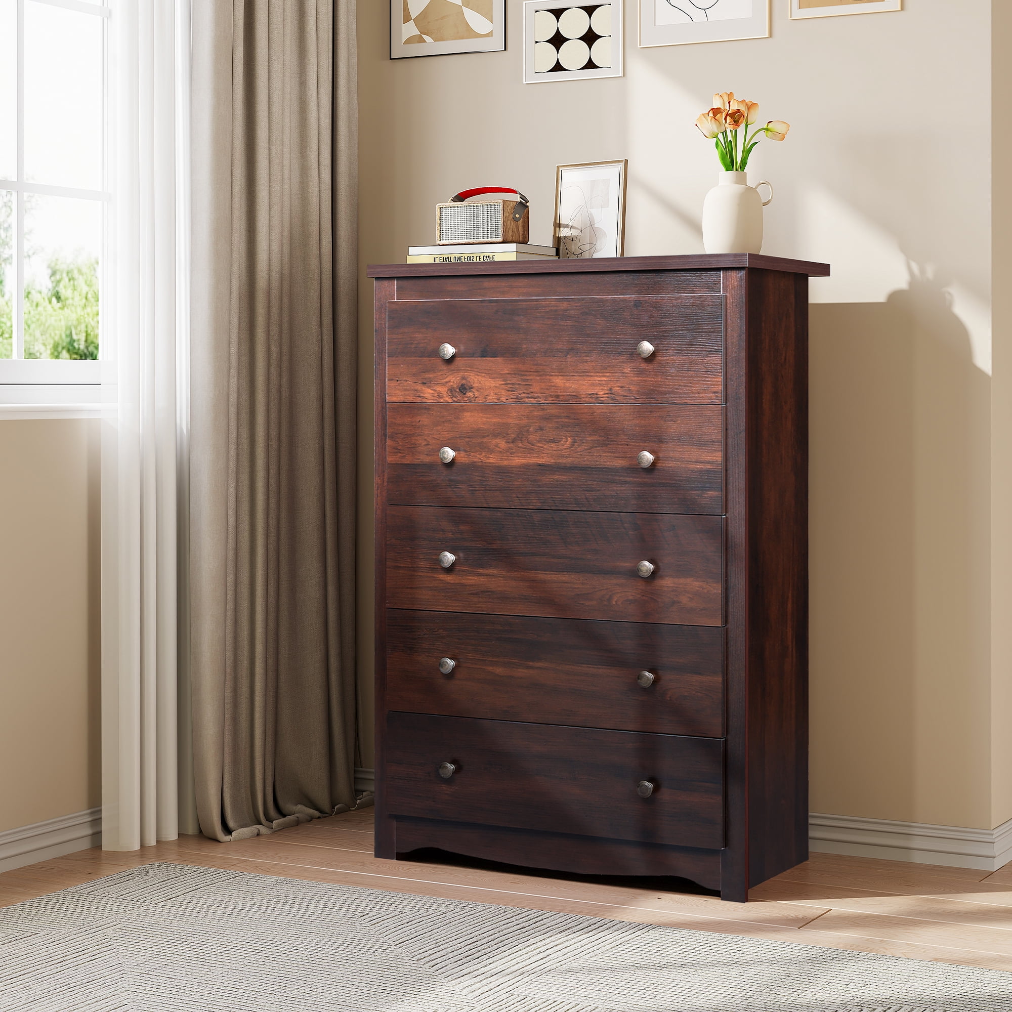 GALAXHERO 5 Drawer Dresser for Bedroom, Retro Wood Chest of Drawers, Tall Dresser with Round Metal Handle for Living Room, Hallway, Closet, Rustic Brown