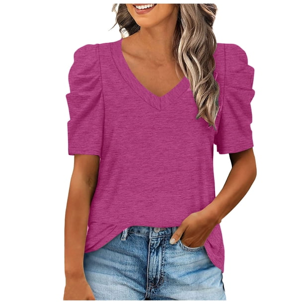 Top de manga corta con cuello en V para mujer - Color liso, corte holgado, poliéster - Camisa informal y elegante para el día a día y actividades al aire libre, fácil de combinar con leggings