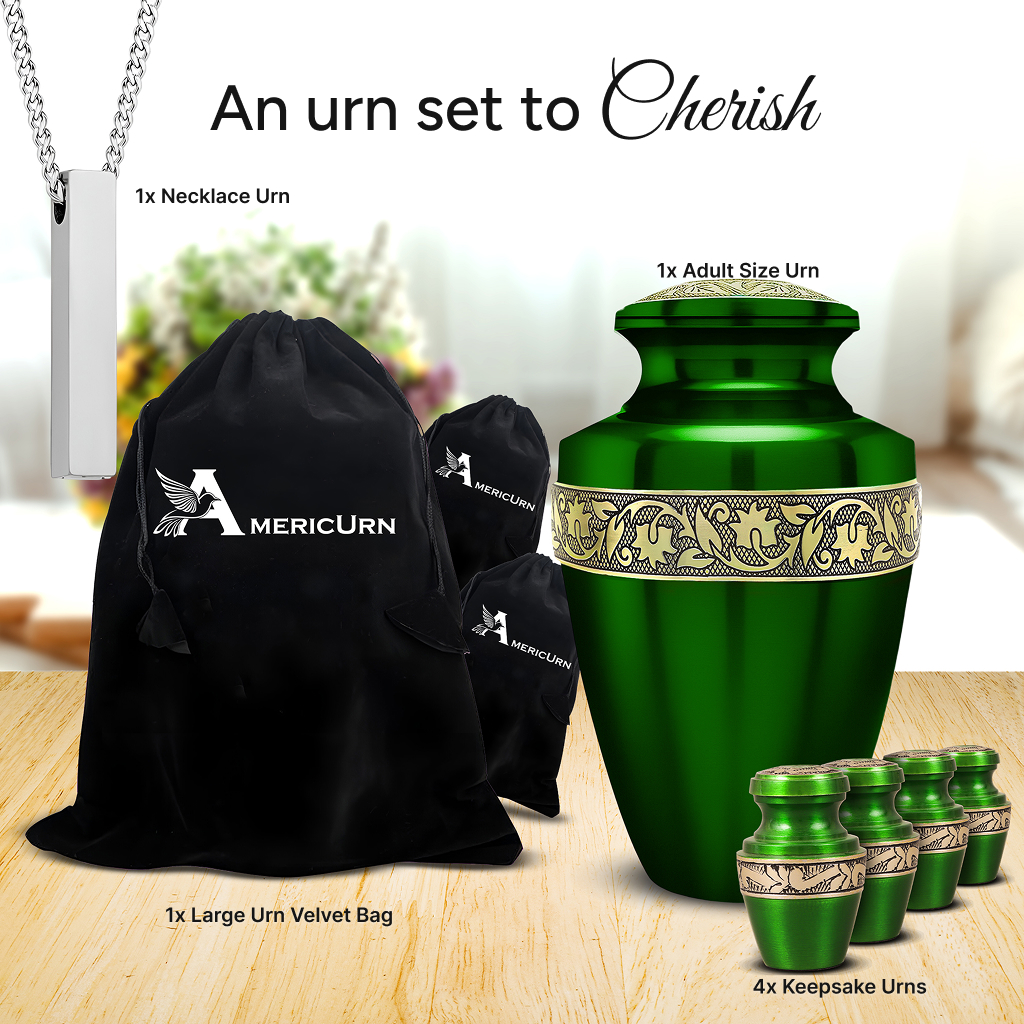 Set of 6 Green & Gold Grecian Cremation Urns for Cremation Ashes – 1 Large Adult Urn, 4 Keepsake Urns & 1 Necklace Urn, Handcrafted Memorial Tribute