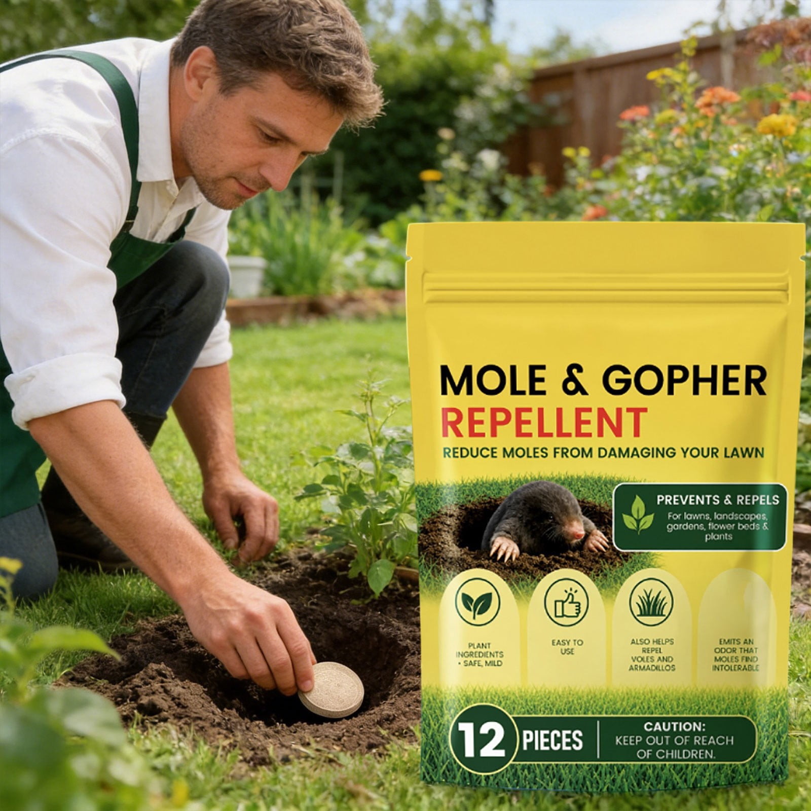 Natural Mole and Gopher Repellent Balls for Outdoor Lawn Yard Garden, Plant Based Essential Oil Underground Pest Deterrent, 12 Pack