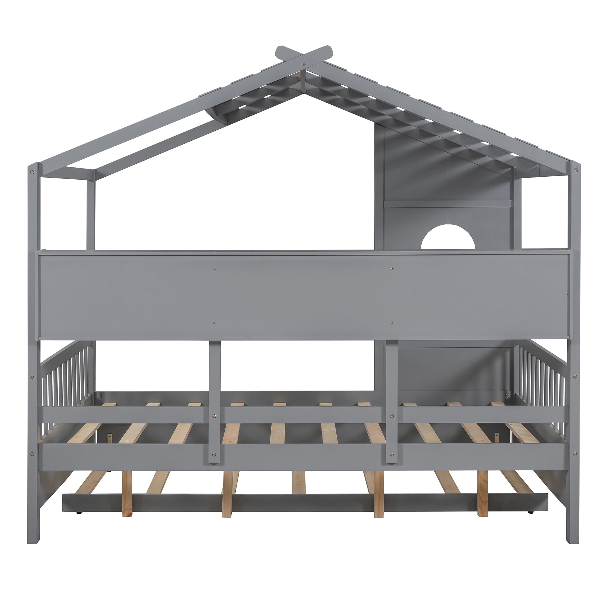 Harper & Bright Designs Wooden Full Size House Bed Frame with Trundle and Storage Shelves, House-Shaped Beds with Roof and Window Design for Girls Boys Bedroom, Gray