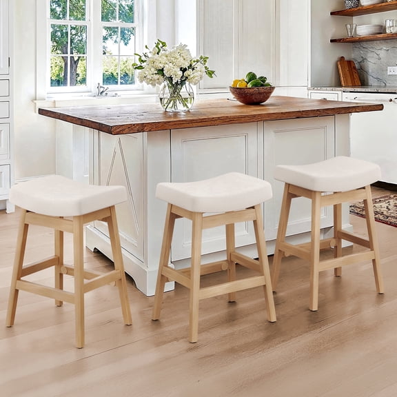Dycanpo Saddle Seat Counter Height Bar Stools Set of 3 for Kitchen, Dining, 24in, Beige-Fabric