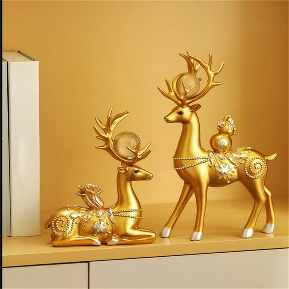 Golden Deer Ornament Set with Lucky Symbols, 11Inch Standing & 8Inch Laying Deer with Gold Ingot Decor, Home Decor for Living Room, Wealth Themed Tabletop Display