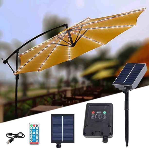 Cadena de luces de paraguas solar para exteriores | Modos LED 8x13 | Carga USB y Solar | Control remoto | Lámpara de Tienda de Playa de Patio Impermeable | Se adapta a un paraguas de 6-10 pies