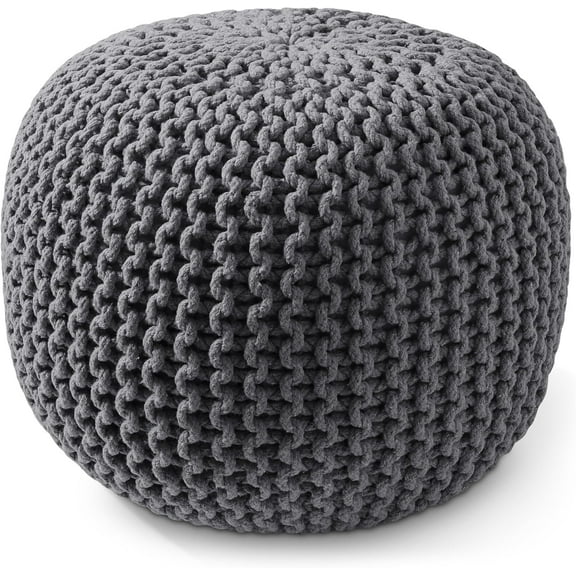 Round Pouf Ottoman, Dark Gray - 20" Diameter x 14.5" High Cotton Knit Foot Stool - Boho Floor Pouffe for Living Room, Bedroom, Home Office