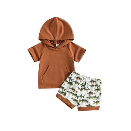 

Infant Baby Boy Summer Outfits Solid Color Hooded Pocket Short Sleeve Tops and Fish Print Shorts
