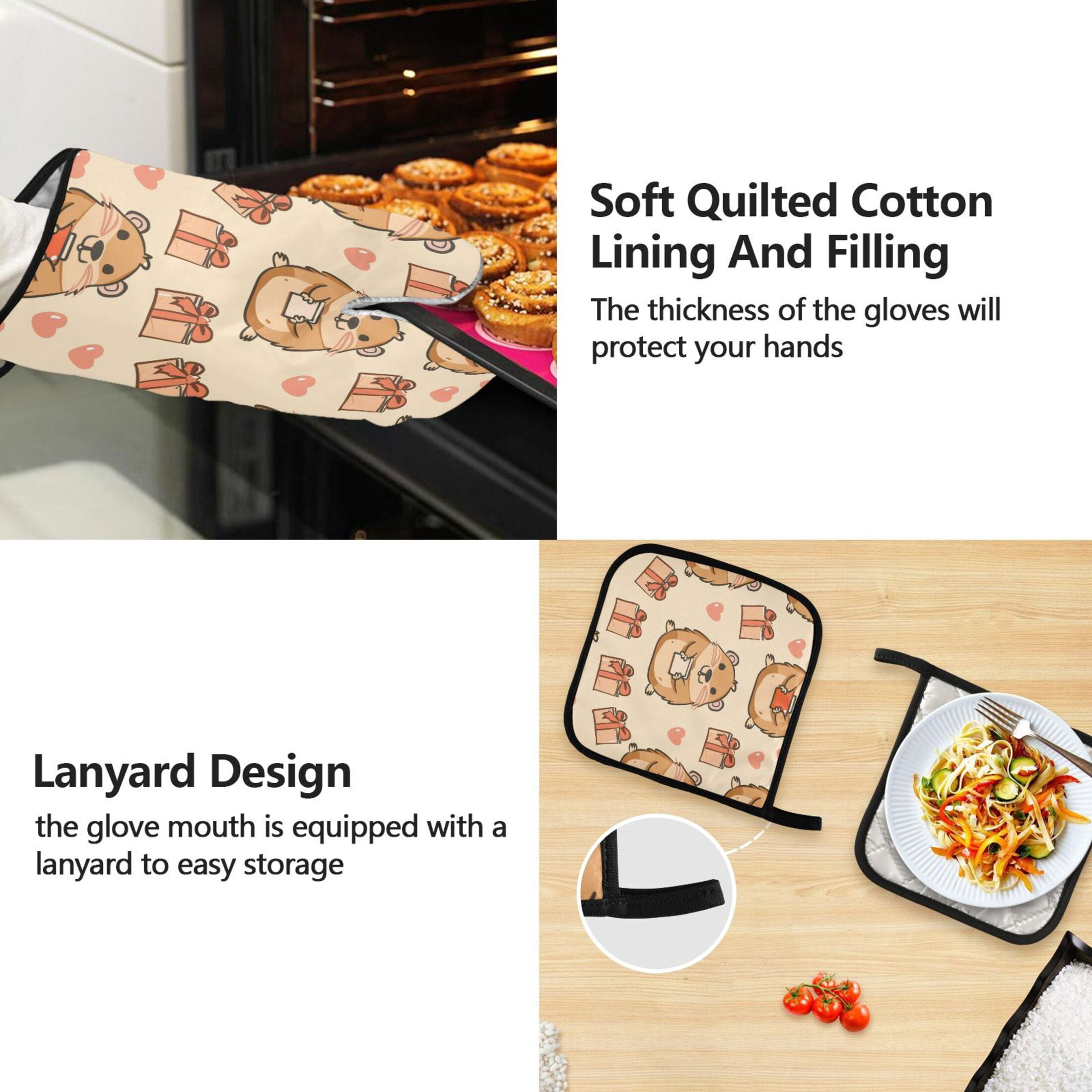 5 Pcs Kitchen Set Heat Resistant Oven Mitts and Non-Slip Pot Holders with Adjustable Cooking Apron Capybara Holding Gift