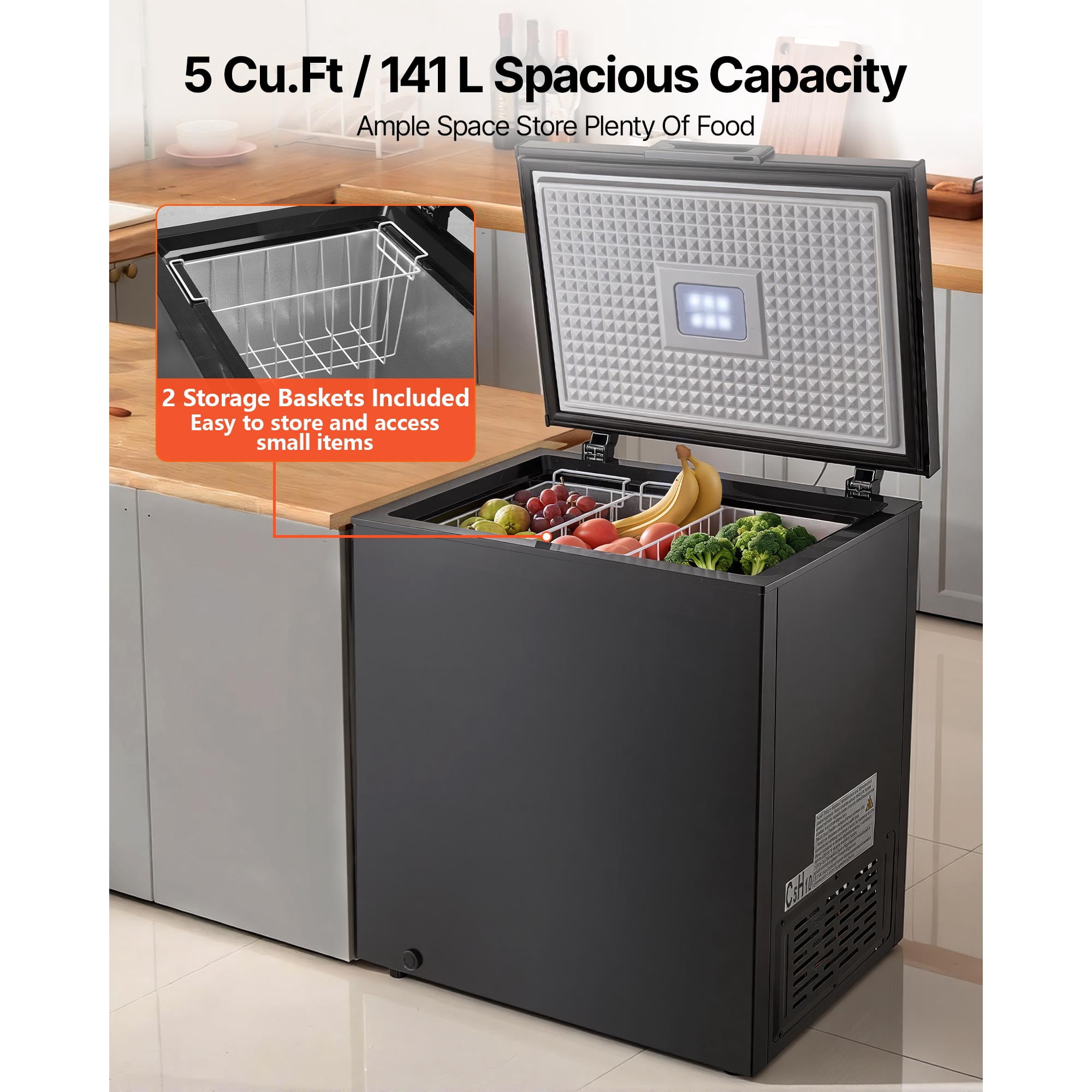KFFKFF 5 Cu.ft Chest Freezer, Compact Deep Freezer with Top-Opening Door, Includes 2 Removable Baskets, Adjustable Temperature Control, Energy Efficient, Quiet Operation, Suitable for Garage Use