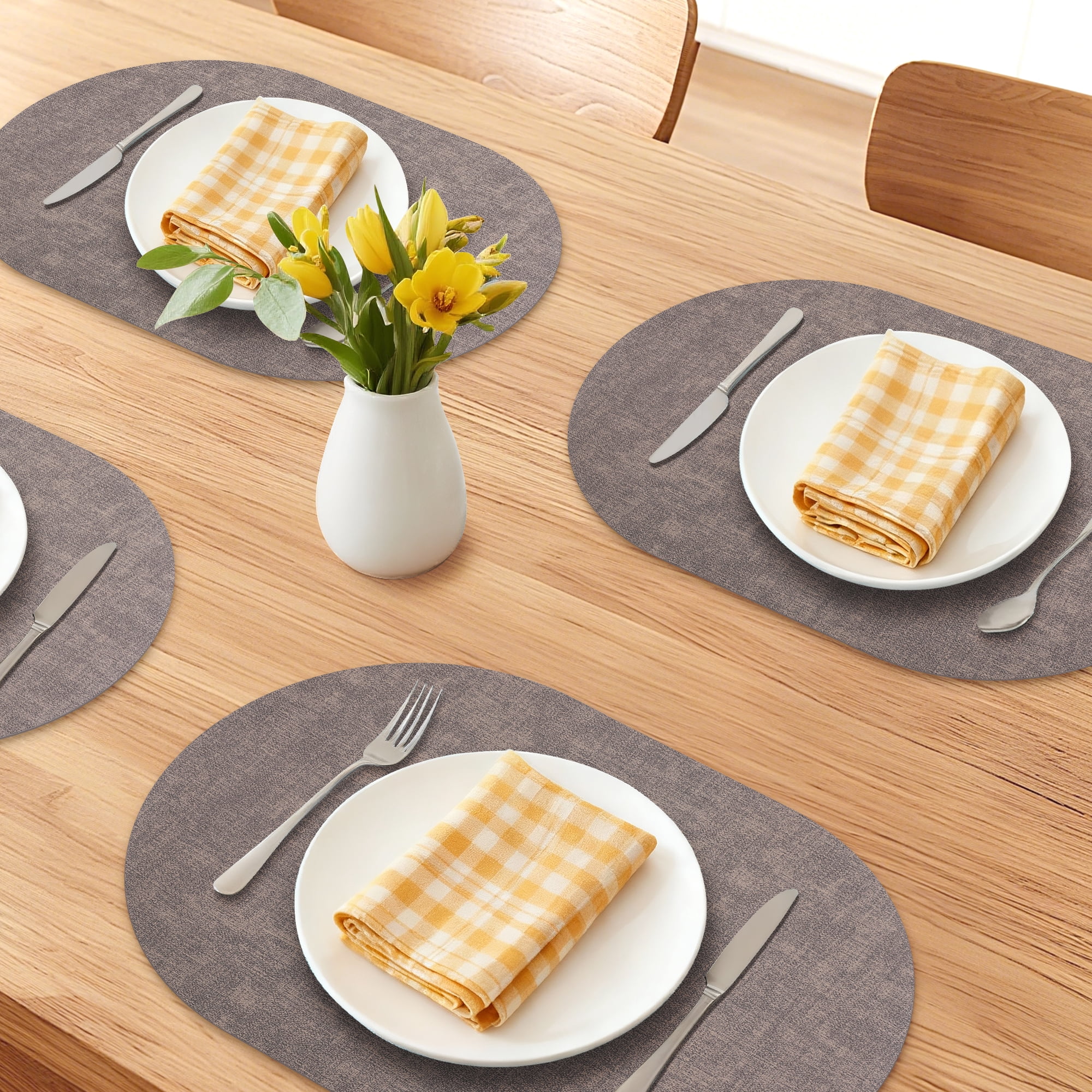 Unique Bargains 6pcs Oval Faux Leather Placemats Dark Brown 17.7"x11.8"