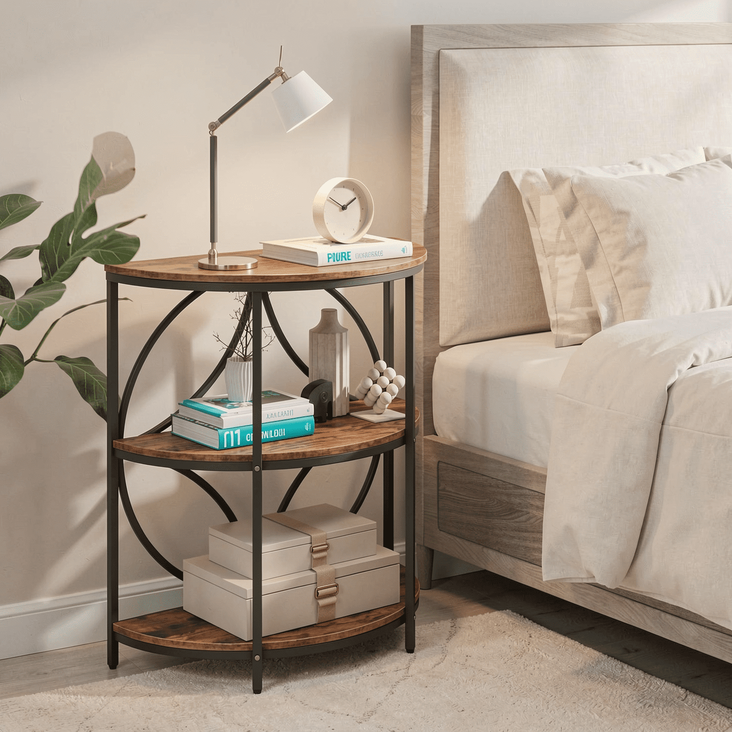 Furnibear 3-Tier Half Round End Table with Sturdy Metal Frame for Living Room, Rustic Brown