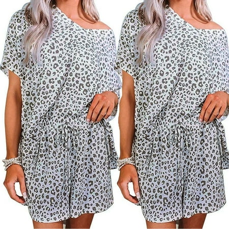 

Ovzne Womens Leopard Pockets Short Sleeve Pajama Set Night Lounge Top Short Sleepwear