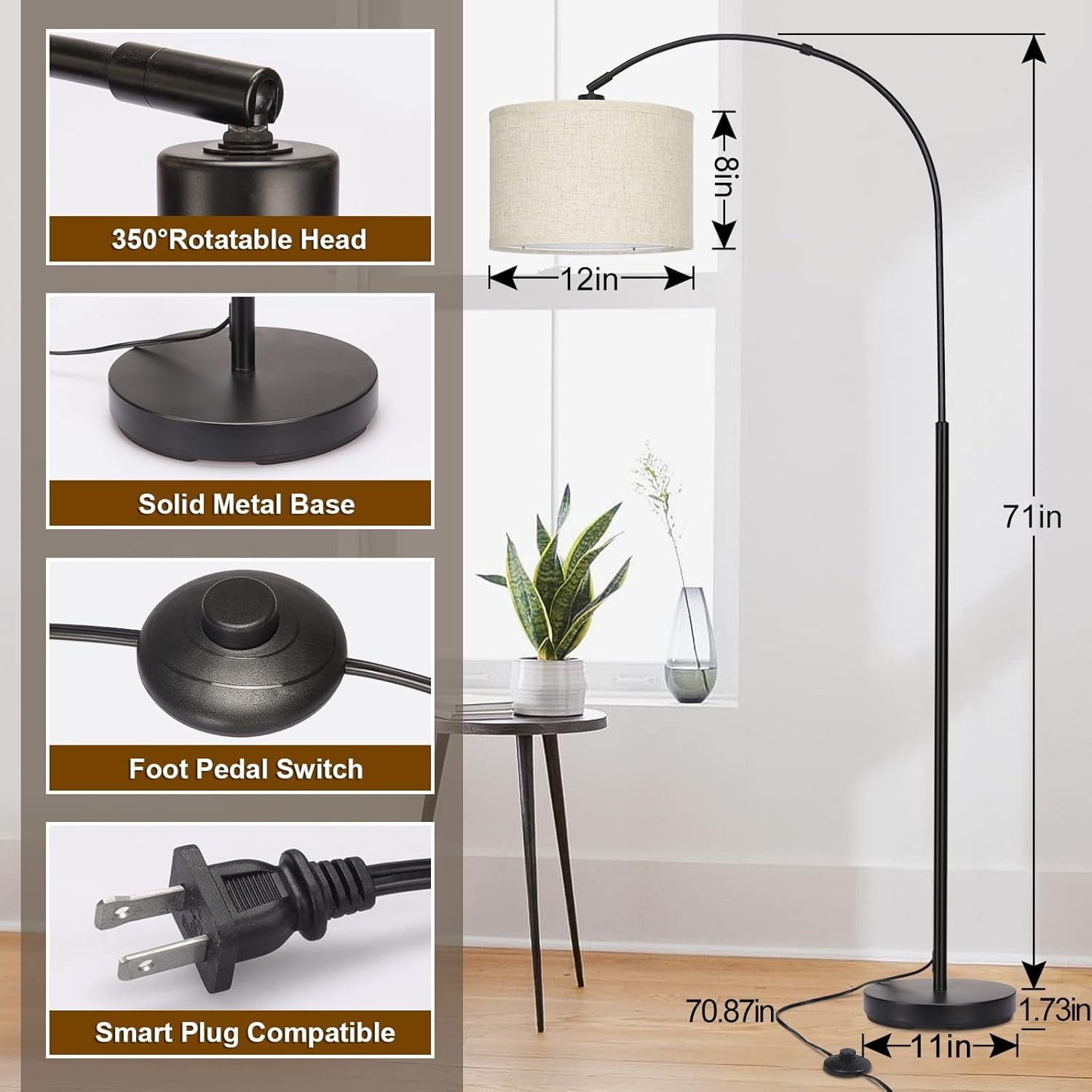 Floor Lamps for Living Room, Modern Standing Lamp with Adjustable Hanging Drum Shade, Tall Pole Lamp with Foot Switch, Over Couch Arched Reading Light for Bedroom, Office (Black)