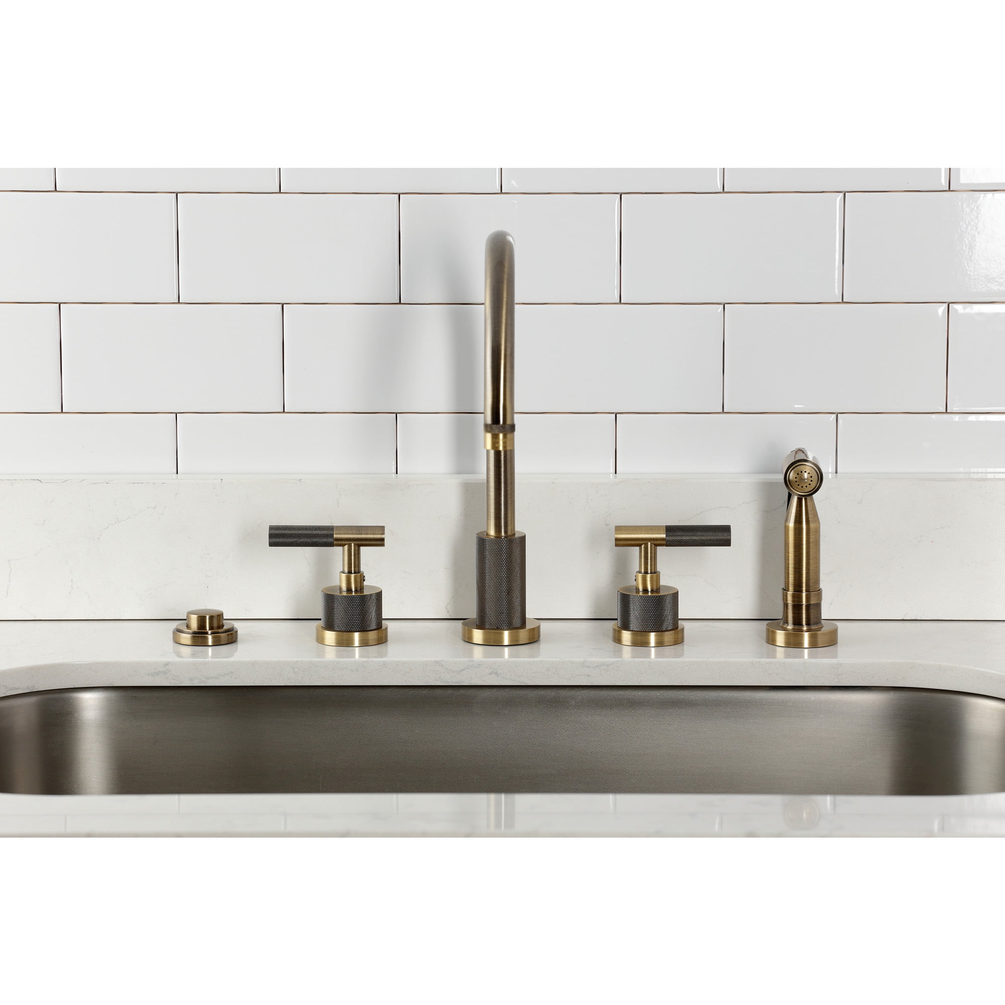 Kingston Brass KS8723KNLBS Convergent Double-Handle 4-Hole Widespread Kitchen Faucet with Knurled Handle 4-Hole and Brass Sprayer in Antique Brass