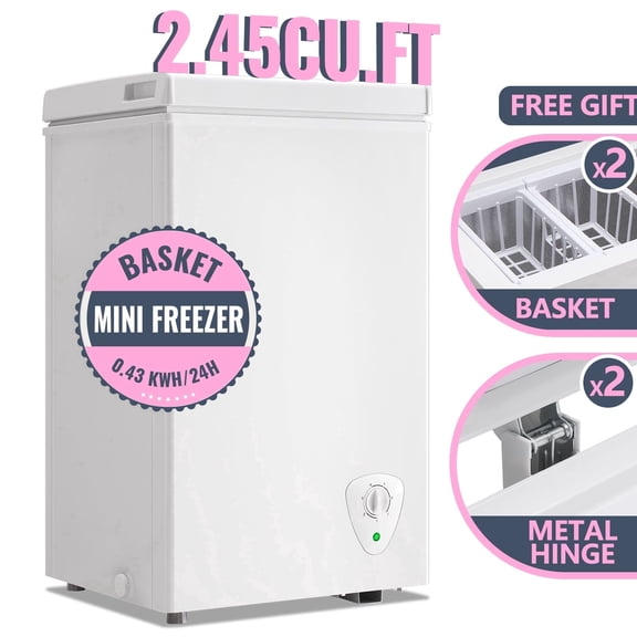 TACOOL Mini Chest Freezer 2.45Cu.ft with Two Removable Baskets Small Freezer with 7 Control Thermostat Control from -11.2℉to 50℉WHITE