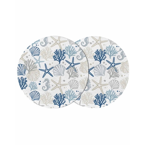 Blue Beige Coastal Round 15 Inch Placemats Set of 2, Summer Beach Starfish Coral Nautical HeatResistant Non Slip Place Mats for Dining Table, Wipeable Braided Kitchen Table Mats for Housewarming