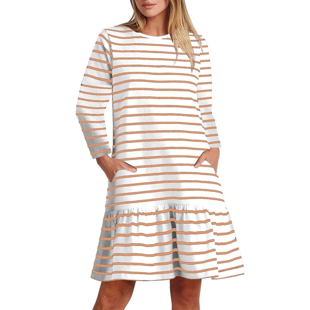 cfhntfmh Robes de Détente pour Femmes Imprimé Décontracté Manches Longues Col Rond Robe Midi avec Poches Automne Ourlet à Volants Robe de Plage