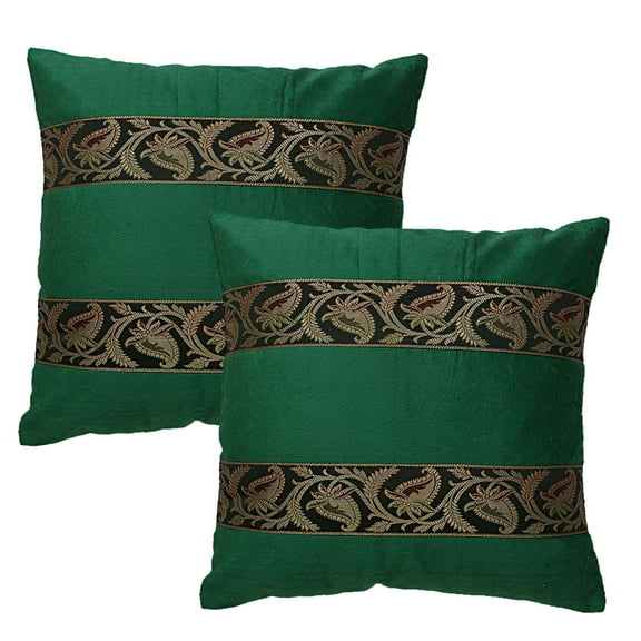Stylo Culture Ethnic Settee Sofa Throw Pillow Covers 16 x 16 Polydupion Brocade Jacquard Dark Green Square 40cm x 40cm Home Decor Velvet Floral Zippered Cushion Covers | Set Of 2
