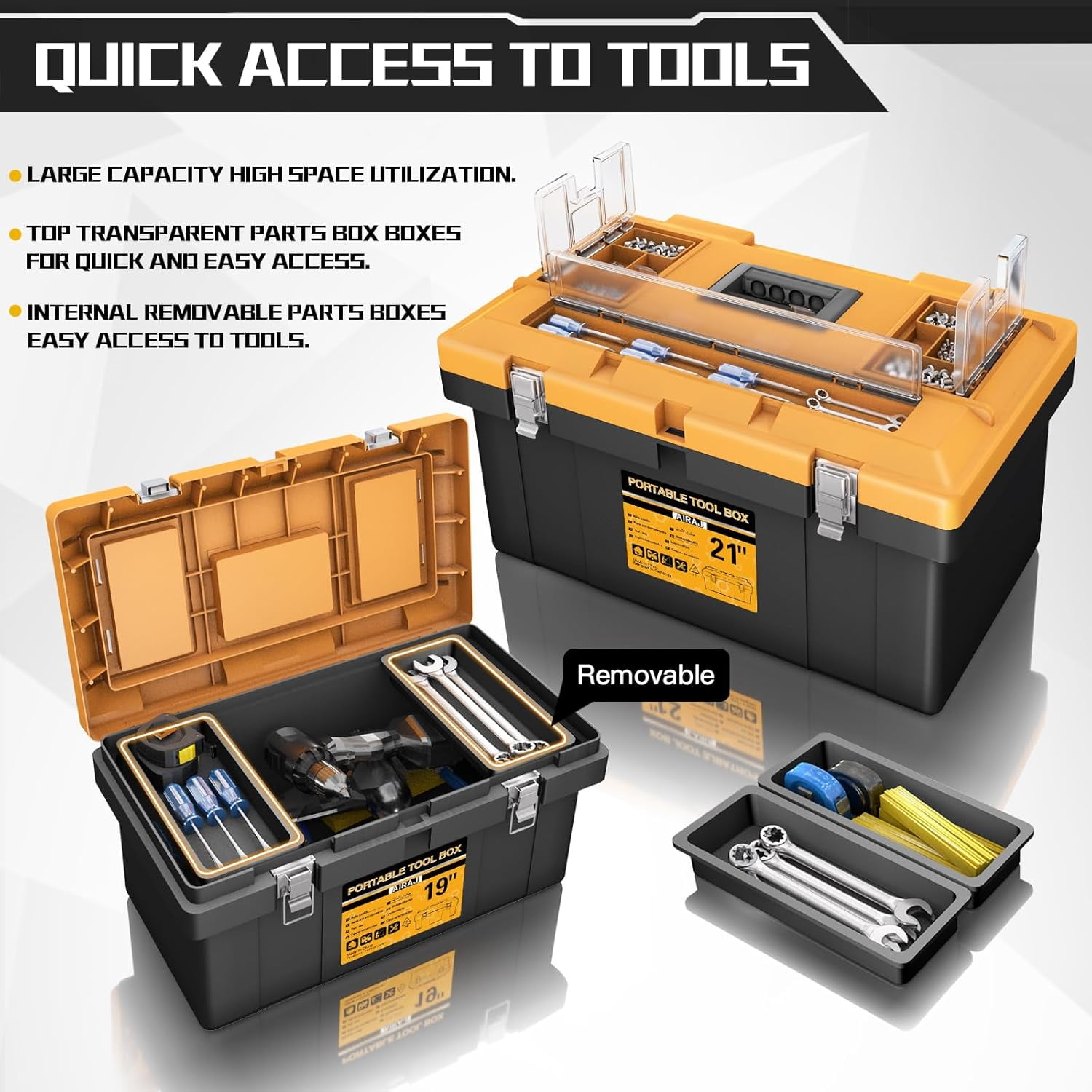 4-in-1 Tool Box Set with 8 Organizers, 15'' 17'' 19'' 21'' Lockable Portable Tool Boxes for Hand & Power Tools, Garage & Home Storage (Mini/Small/Large)